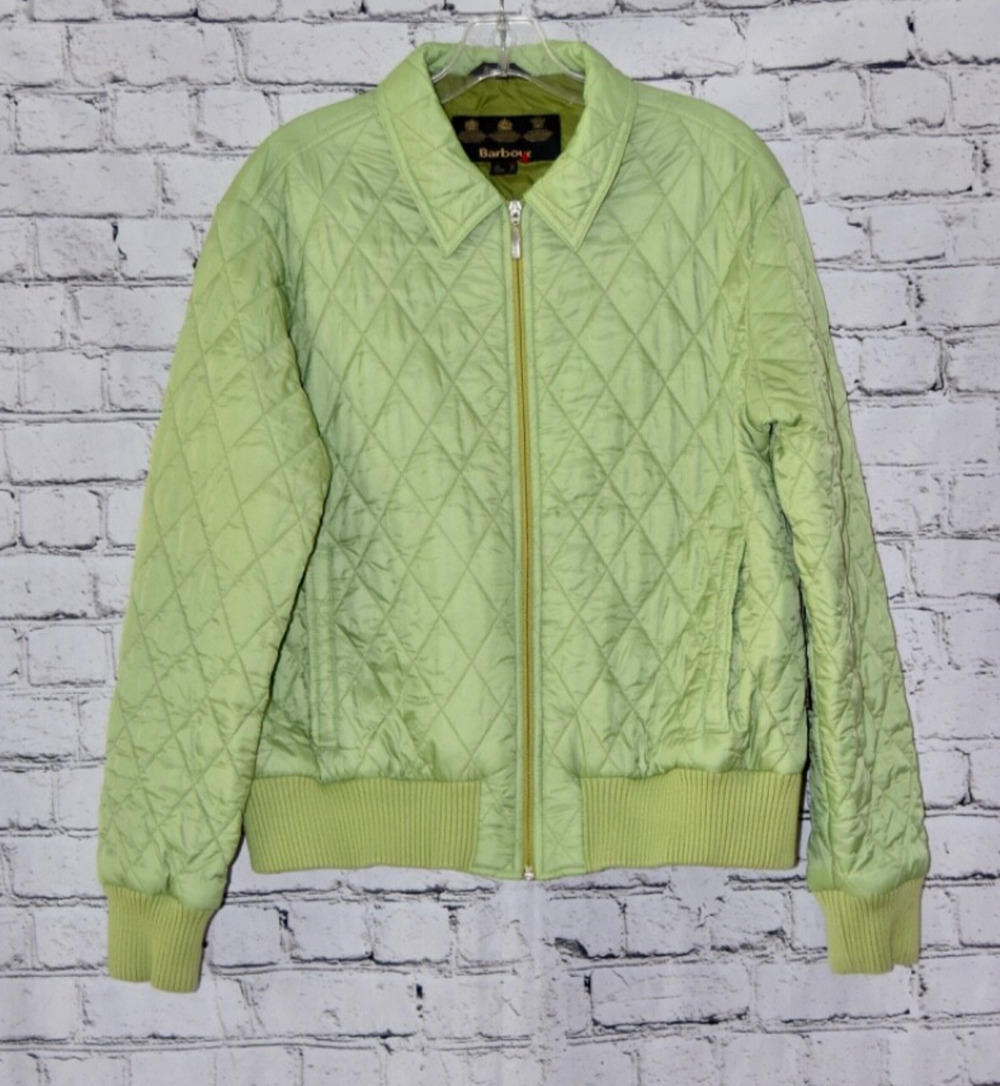 BARBOUR Designer Bomber Style Lime Green Collared Quilted Stylish Jacket Size 12